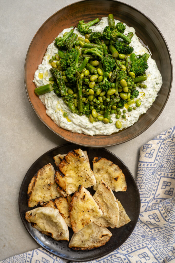 Roasted Green Vegetables on Thick Tzatziki