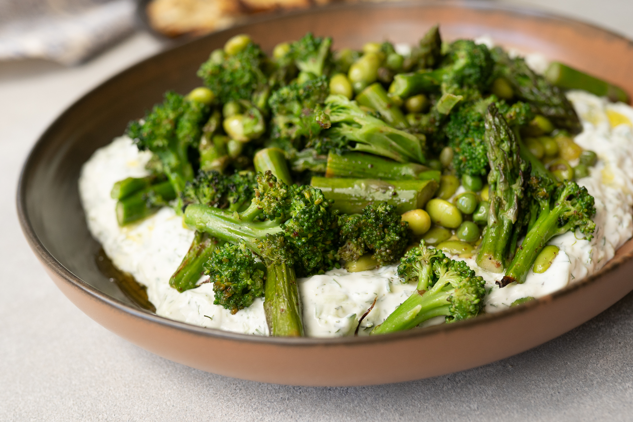 Roasted Green Vegetables on Thick Tzatziki