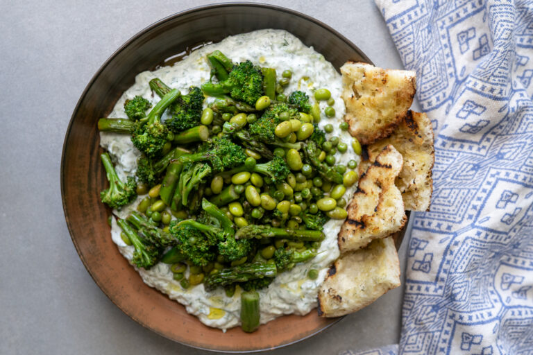 Roasted Green Vegetables on Thick Tzatziki